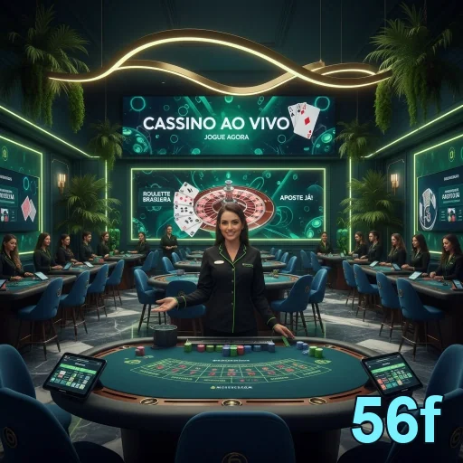 Imagem do aplicativo 56f com dealer ao vivo e jogos disponíveis.