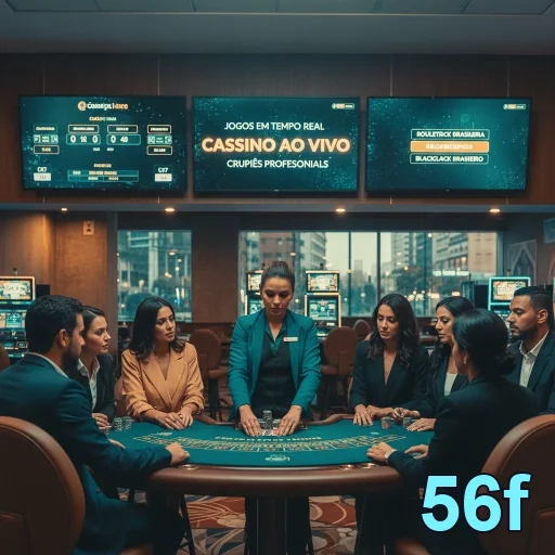 Ambiente de cassino ao vivo na plataforma 56f com crupiês.