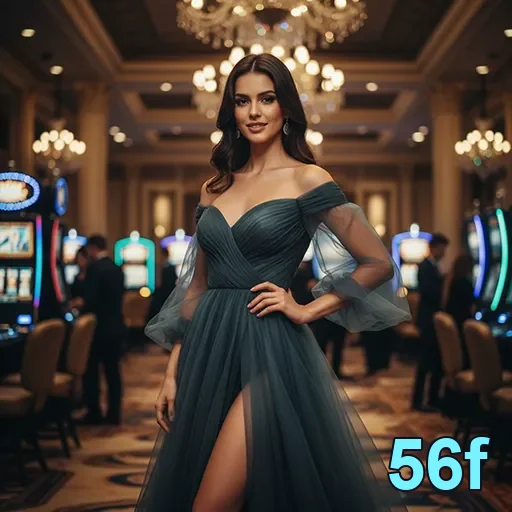 Modelo elegante em cassino ao fundo com máquinas de slot, 56f.