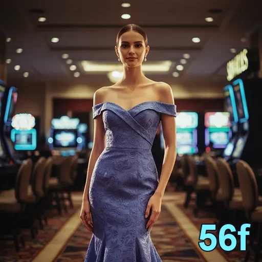 Modelo em vestido azul em um cassino da 56f.