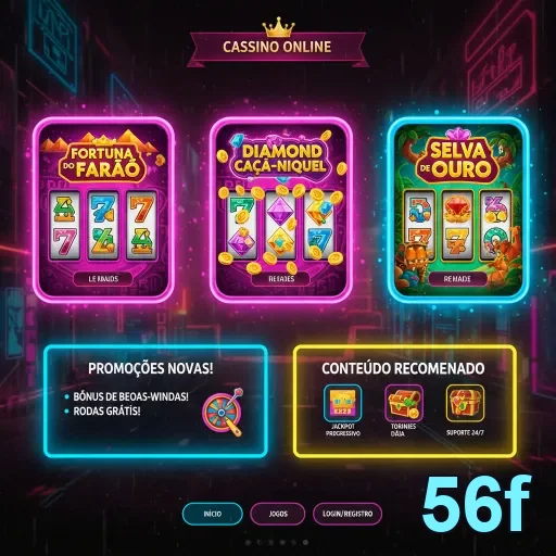 Slots variados disponíveis na plataforma 56f, com temas distintos.