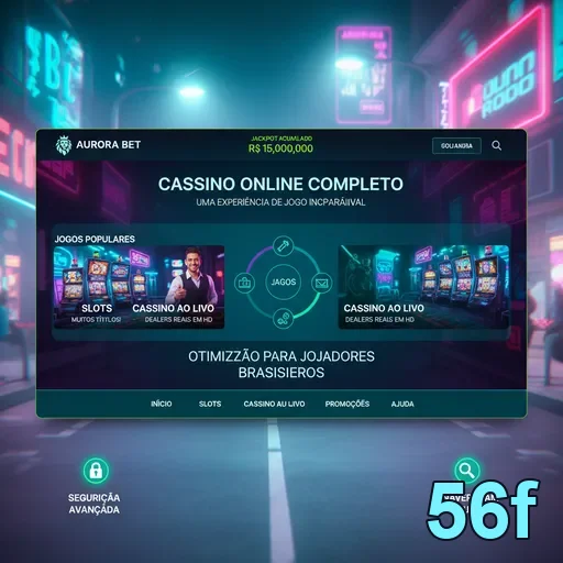 Tela do site 56f com slots e informações de cassino online.