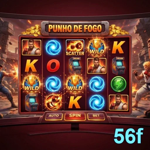 Interface do slot 'Punho de Fogo' na 56f, mostrando recursos VIP.