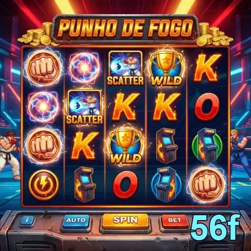 Interface do jogo 'Punho de Fogo' no 56f destacando jackpots.