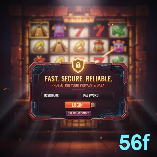 Tela de login da 56f com jogos de slots ao fundo.